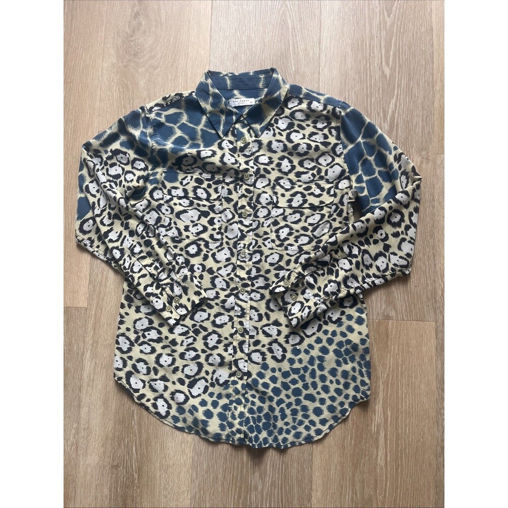 EQUIPMENT SILK BLOUSE FEMMELEOPARD PRINT BLUE SHADES EXCELLENT SHAPE